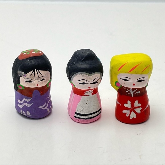 VINTAGE Hand Painted Kokeshi 1” Clay Dolls Lot of 3 - Picture 3 of 10
